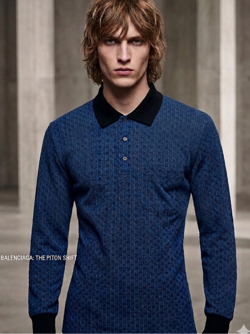 Balenciaga Paris Blue Long-Sleeve Polo with Black Collar